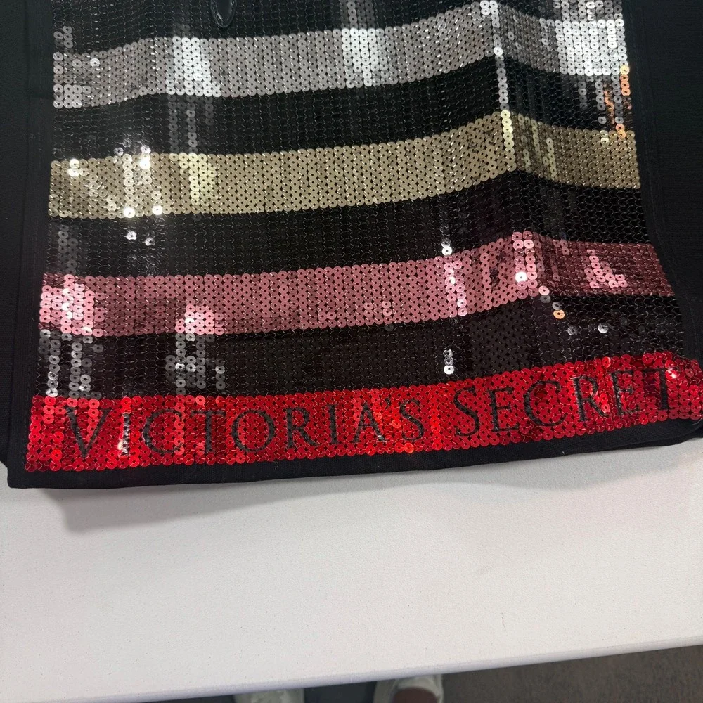 Victoria Secret Tote Bag Black Sequin Stripe Weekender Travel Beach Large